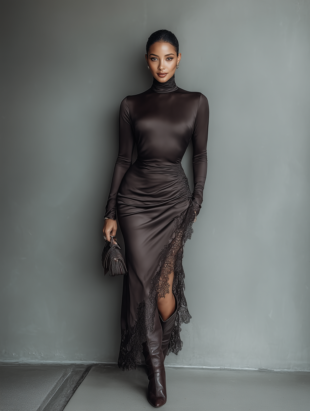 Dark Brown Satin Irregular Hem Lace Maxi Dress Women UK – Wedding Guest Cocktail Evening Gown