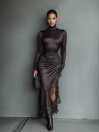 Dark Brown Satin Irregular Hem Lace Maxi Dress Women UK – Wedding Guest Cocktail Evening Gown