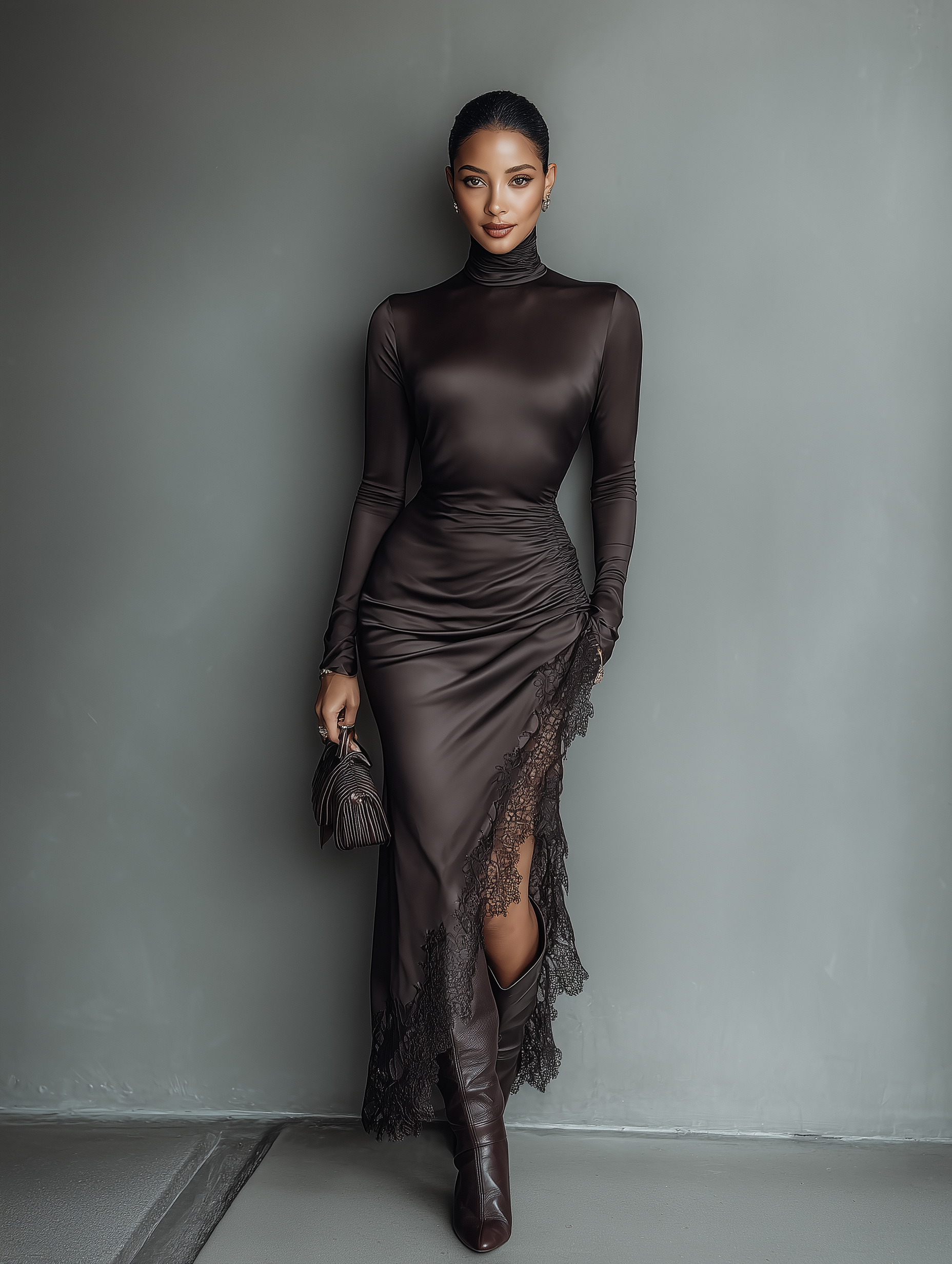 Dark Brown Satin Irregular Hem Lace Maxi Dress Women UK – Wedding Guest Cocktail Evening Gown