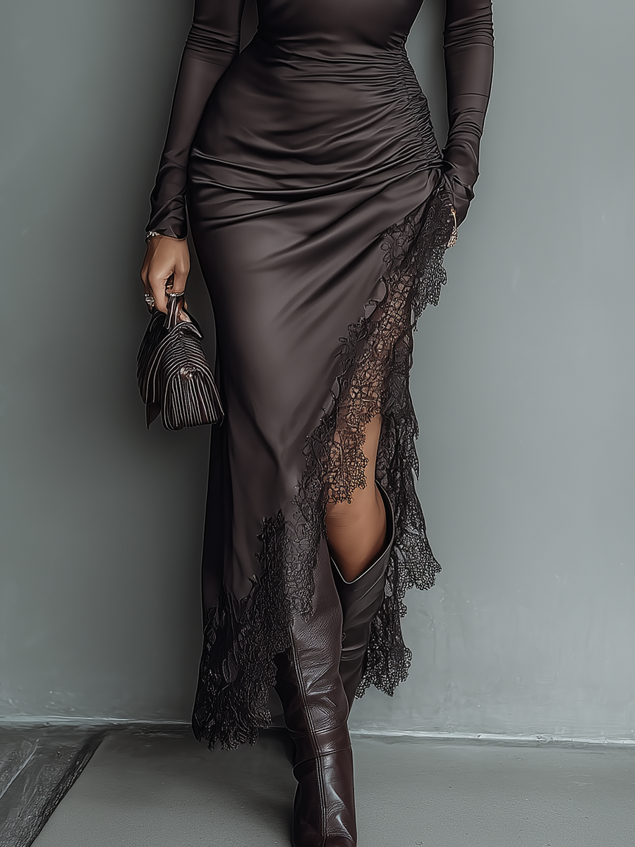 Dark Brown Satin Irregular Hem Lace Maxi Dress Women UK – Wedding Guest Cocktail Evening Gown