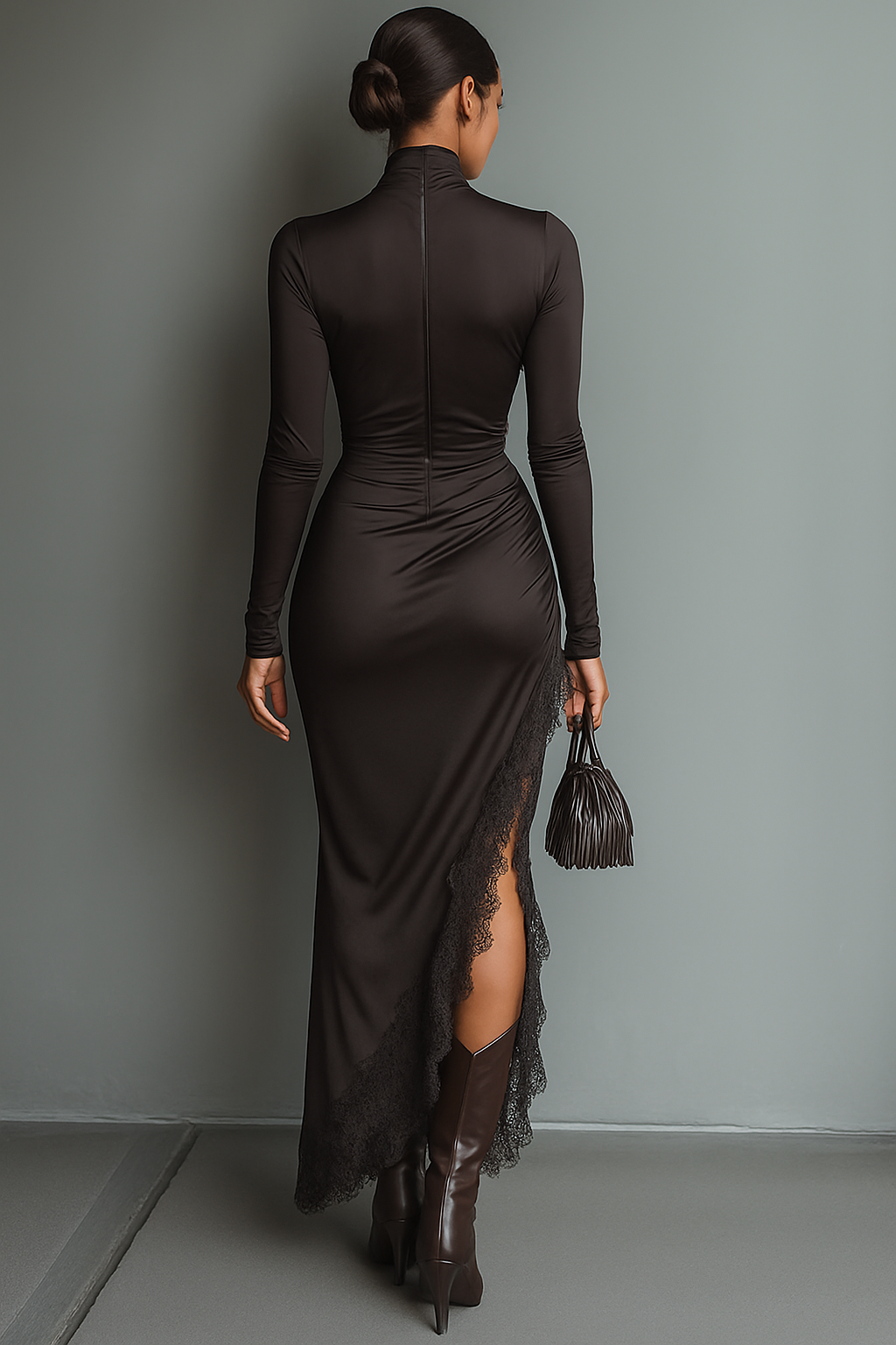 Dark Brown Satin Irregular Hem Lace Maxi Dress Women UK – Wedding Guest Cocktail Evening Gown