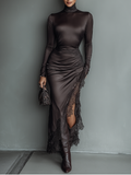 Dark Brown Satin Irregular Hem Lace Maxi Dress Women UK – Wedding Guest Cocktail Evening Gown