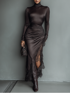 Dark Brown Satin Irregular Hem Lace Maxi Dress Women UK – Wedding Guest Cocktail Evening Gown
