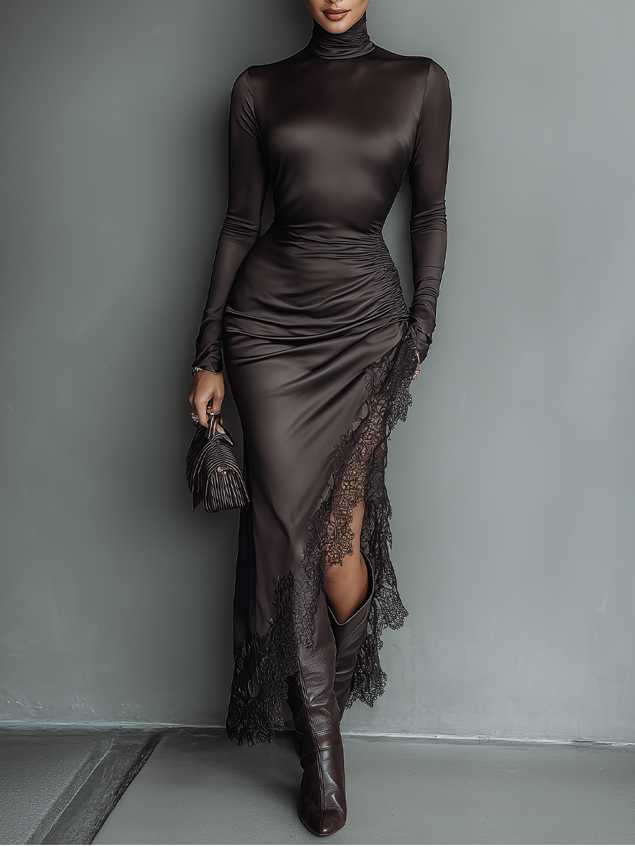 Dark Brown Satin Irregular Hem Lace Maxi Dress Women UK – Wedding Guest Cocktail Evening Gown