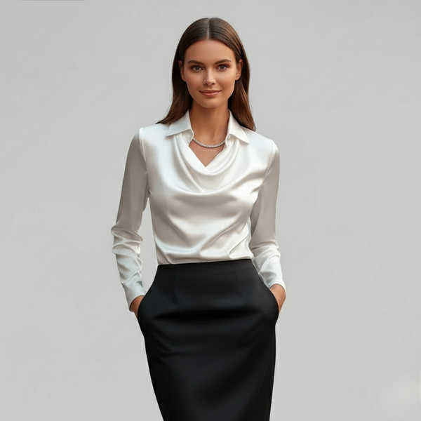 Draped Collared Blouse for Women - Regular Fit, Elegant Business Casual Style, Perfect for Office Wear