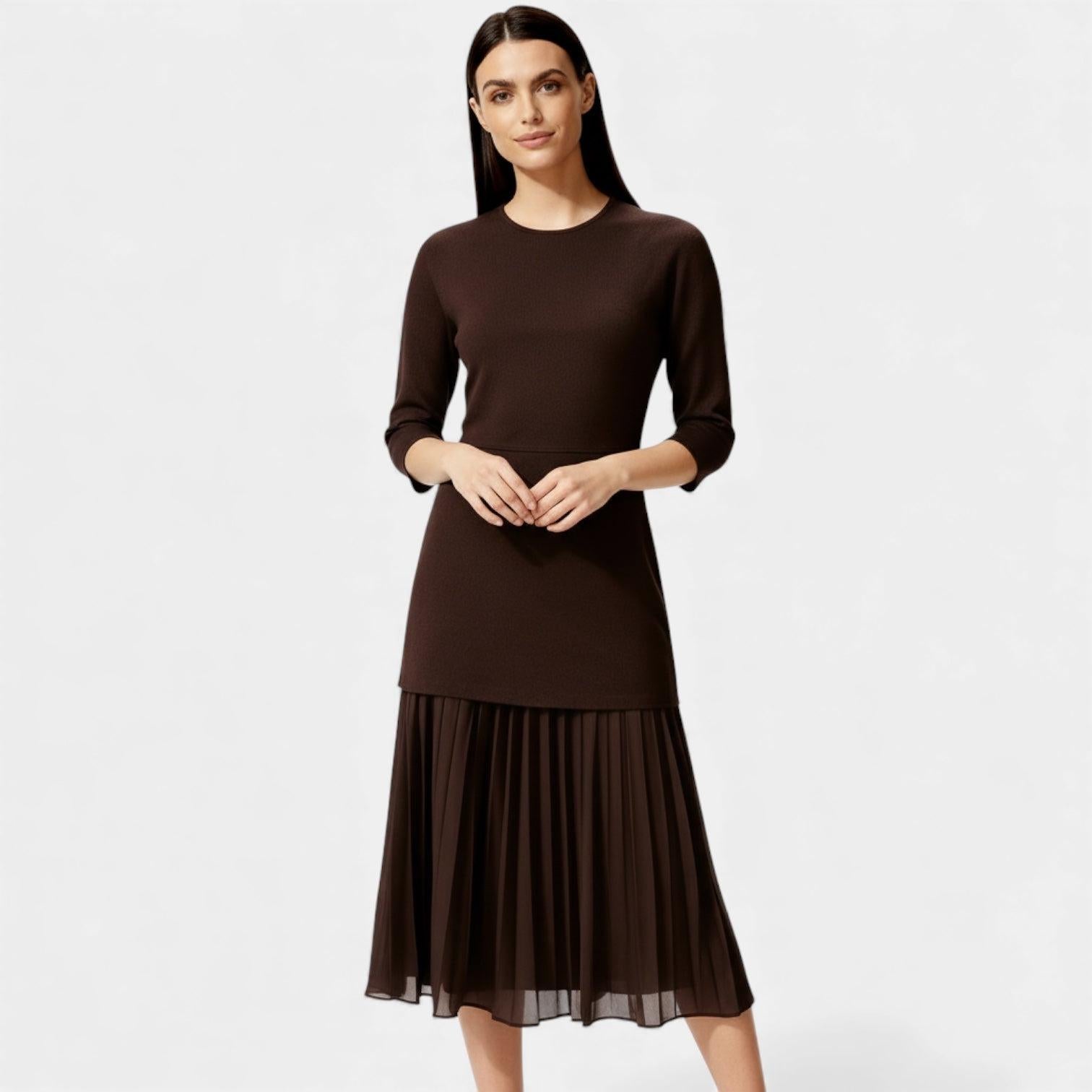 Elegant Pleated Knit Midi Dress for Women - Long Sleeve Casual Wear
