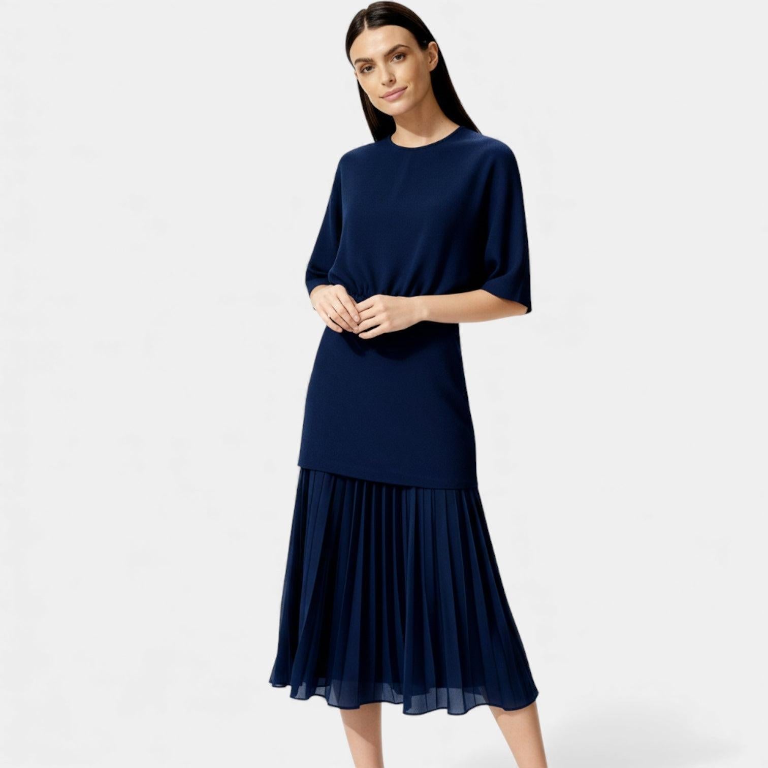 Elegant Pleated Knit Midi Dress for Women - Long Sleeve Casual Wear