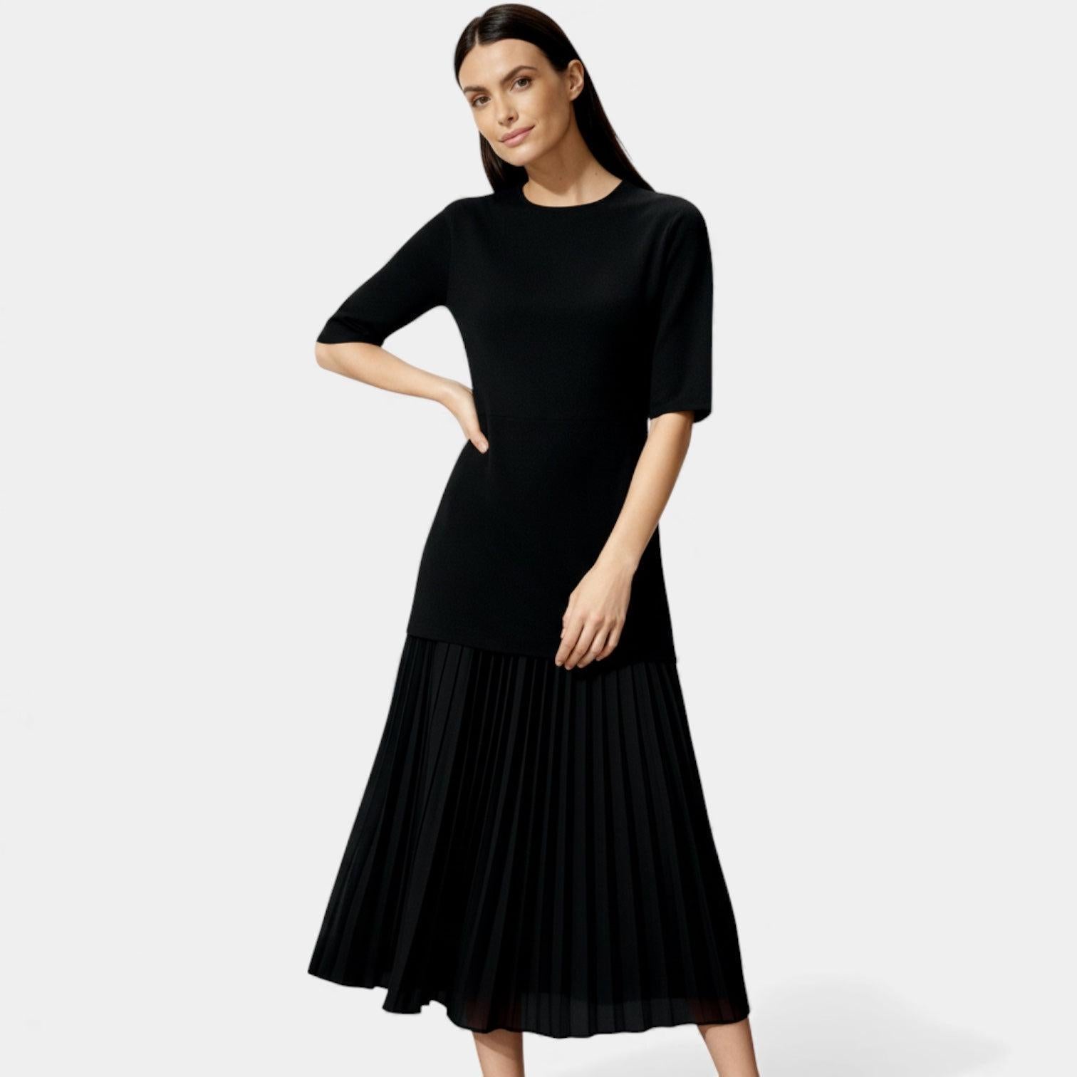 Elegant Pleated Knit Midi Dress for Women - Long Sleeve Casual Wear