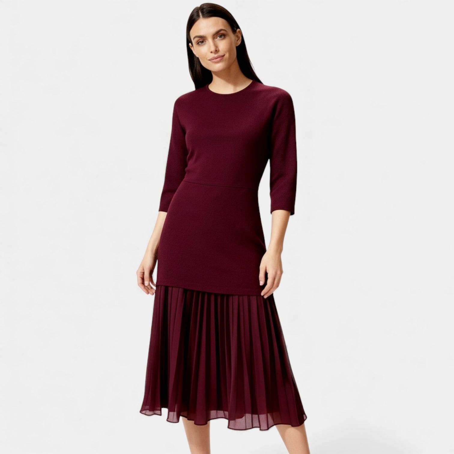 Elegant Pleated Knit Midi Dress for Women - Long Sleeve Casual Wear