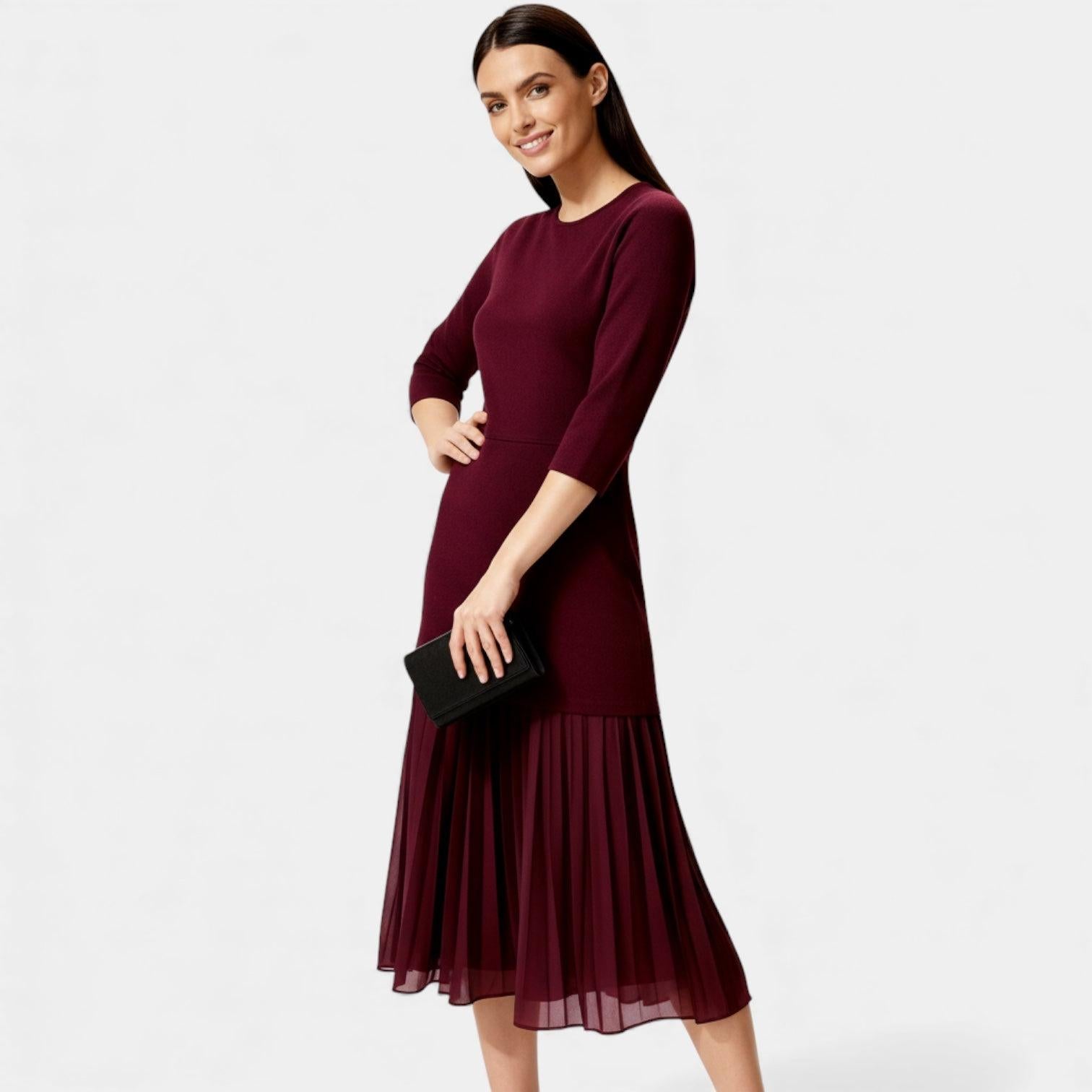 Elegant Pleated Knit Midi Dress for Women - Long Sleeve Casual Wear