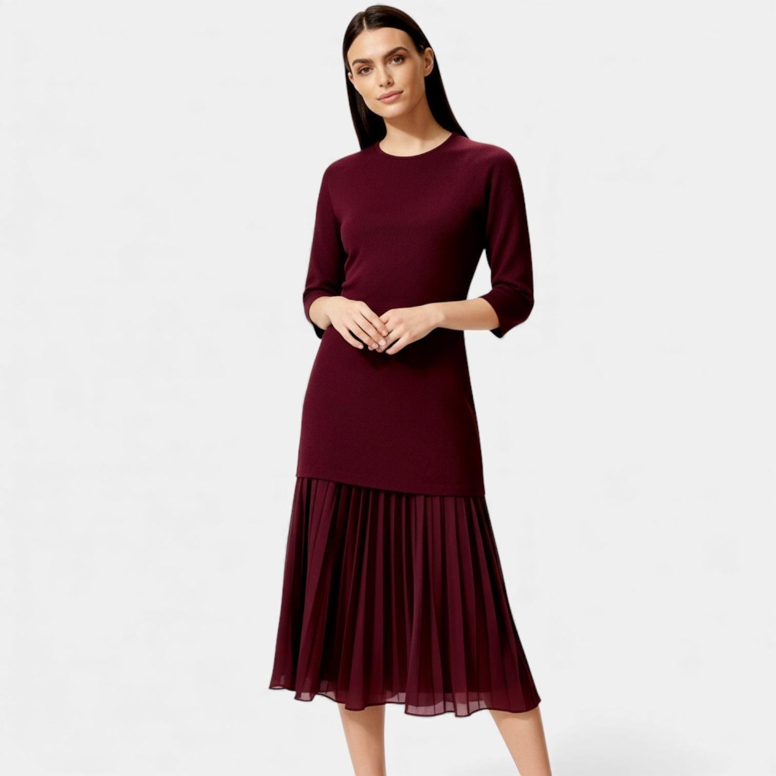 Elegant Pleated Knit Midi Dress for Women - Long Sleeve Casual Wear