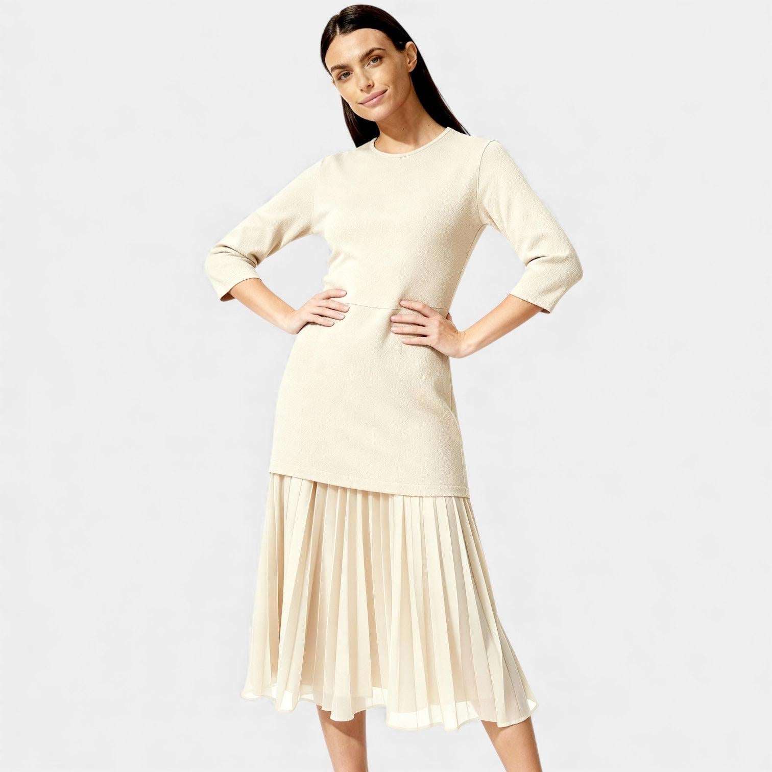 Elegant Pleated Knit Midi Dress for Women - Long Sleeve Casual Wear