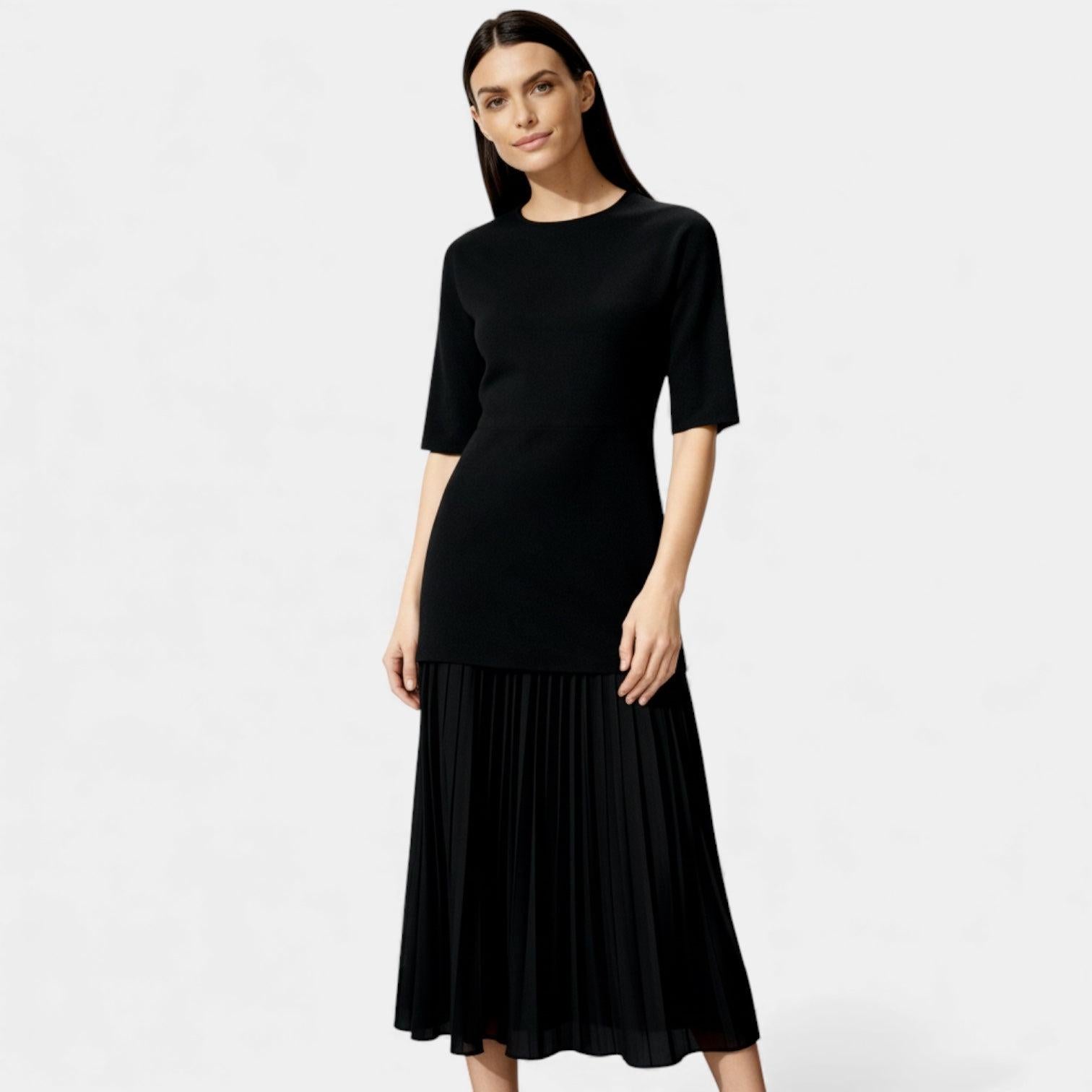 Elegant Pleated Knit Midi Dress for Women - Long Sleeve Casual Wear