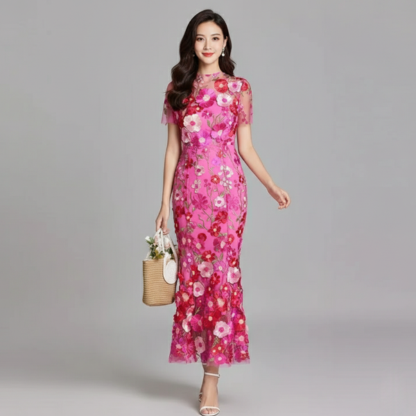 Embroidered Maxi Dress for Women - White Flowing Design for Casual or Formal Wear