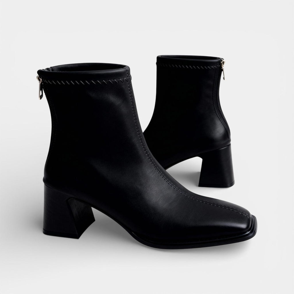 Faux Leather Ankle Boots for Women - Back Zip Design with Block Heel - Stylish Footwear for Everyday Wear