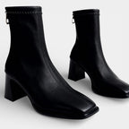 Faux Leather Ankle Boots for Women - Back Zip Design with Block Heel - Stylish Footwear for Everyday Wear