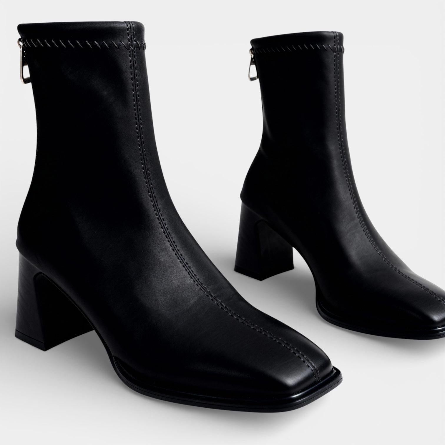 Faux Leather Ankle Boots for Women - Back Zip Design with Block Heel - Stylish Footwear for Everyday Wear