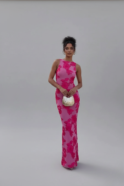 Floral Embroidered Maxi Dress for Evening Events - Sleeveless Design in Lightweight Fabric