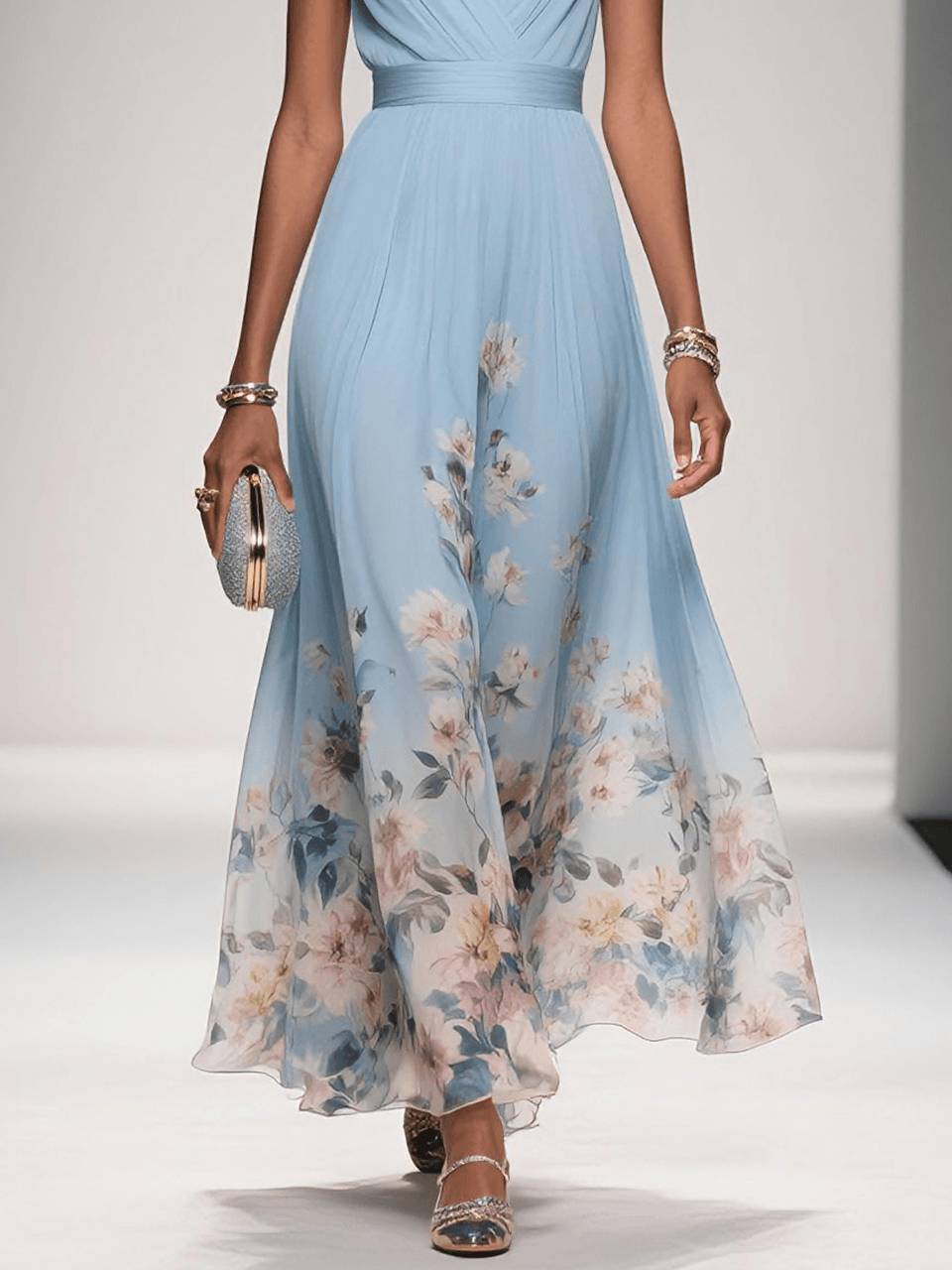 Floral Maxi Dress for Women - Sleeveless V-Neck, Wide Straps, Waistband - Ideal for Summer Events and Casual Wear