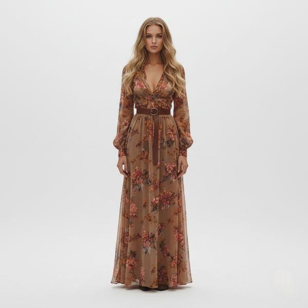 Floral Maxi Dress for Women with Button-Front, Ruffle Collar, and Tie Waist Belt - Perfect for Casual or Formal Occasions