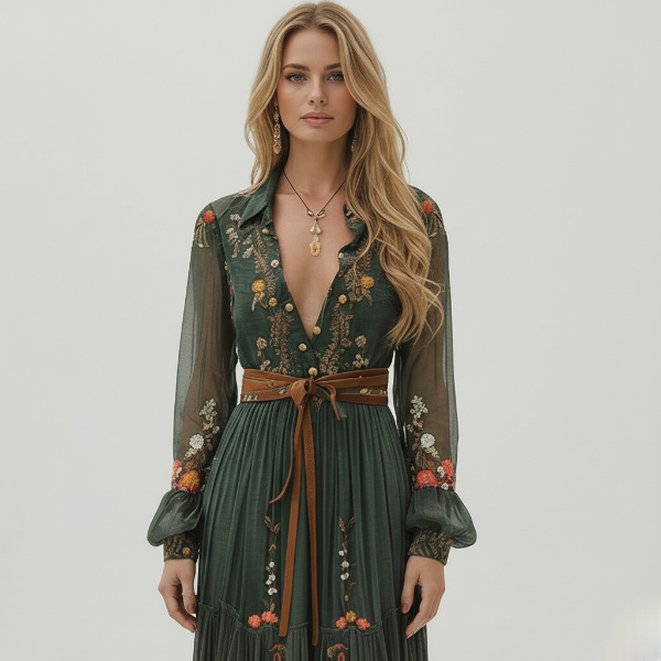 Floral Maxi Dress for Women with Button-Front, Ruffle Collar, and Tie Waist Belt - Perfect for Casual or Formal Occasions