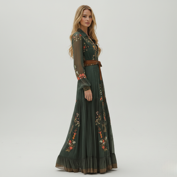 Floral Maxi Dress for Women with Button-Front, Ruffle Collar, and Tie Waist Belt - Perfect for Casual or Formal Occasions