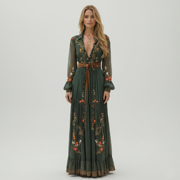 Floral Maxi Dress for Women with Button-Front, Ruffle Collar, and Tie Waist Belt - Perfect for Casual or Formal Occasions