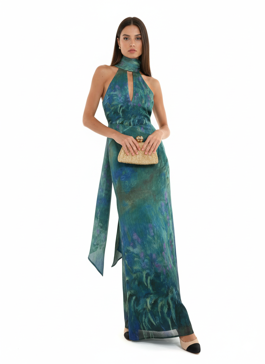 Floral Print Maxi Dress in Soft Fabric - Monet-Inspired Design for Summer Parties and Special Occasions