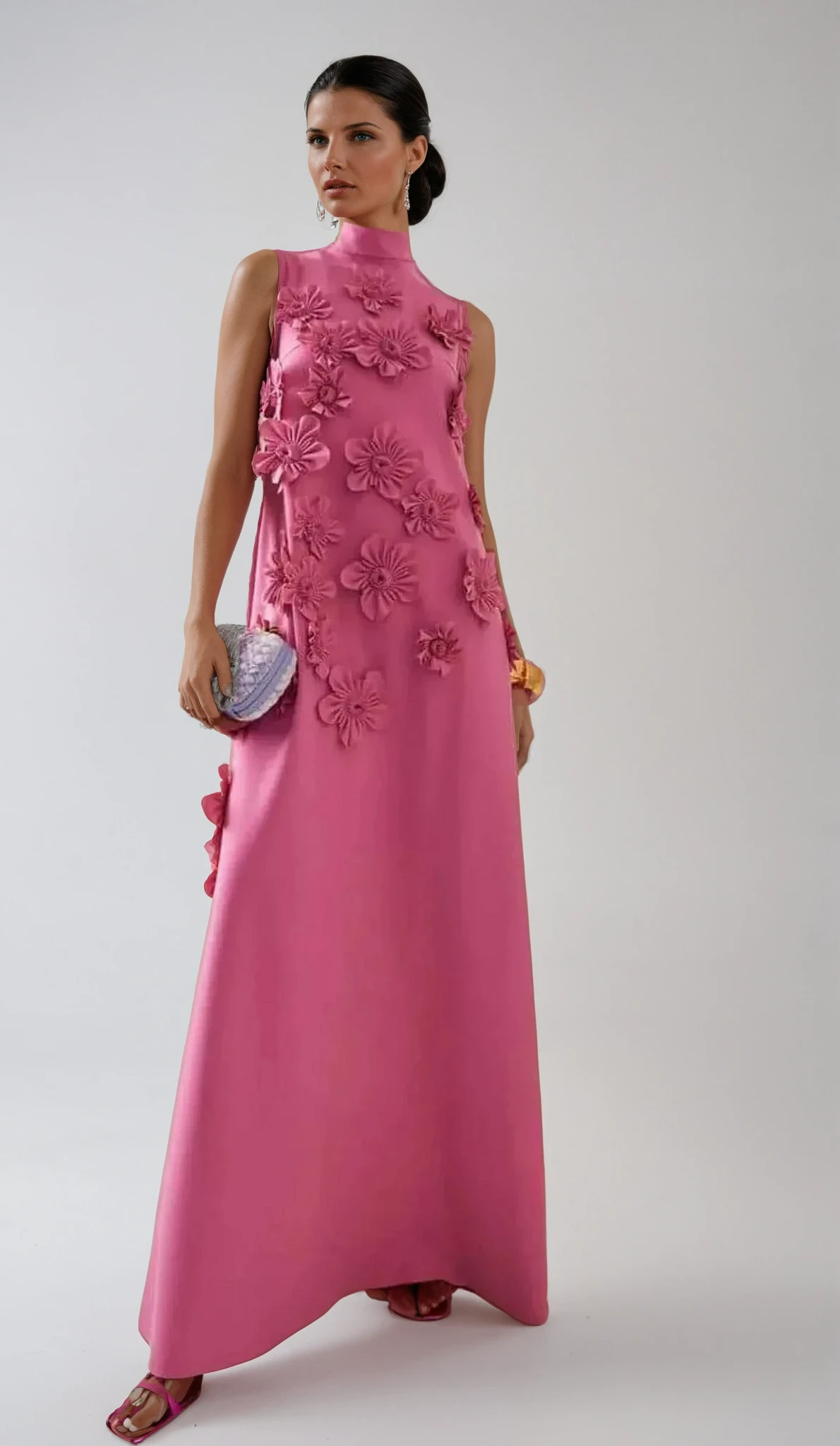 Flower Embellished Maxi Dress for Summer Evening Events - Sleeveless Design in Lightweight Fabric