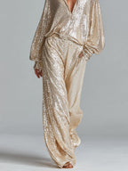 Gold Sequin Collared Half-Zip Loungewear Set Women UK – Party Outfit, Smart Casual