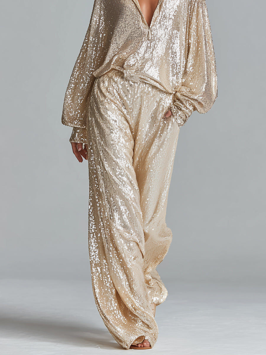 Gold Sequin Collared Half-Zip Loungewear Set Women UK – Party Outfit, Smart Casual