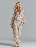 Gold Sequin Collared Half-Zip Loungewear Set Women UK – Party Outfit, Smart Casual