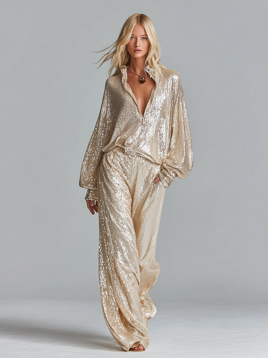 Gold Sequin Collared Half-Zip Loungewear Set Women UK – Party Outfit, Smart Casual