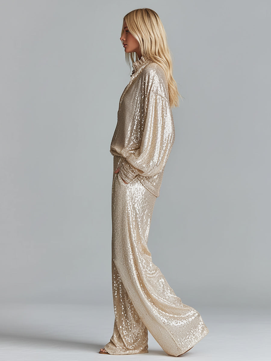 Gold Sequin Collared Half-Zip Loungewear Set Women UK – Party Outfit, Smart Casual