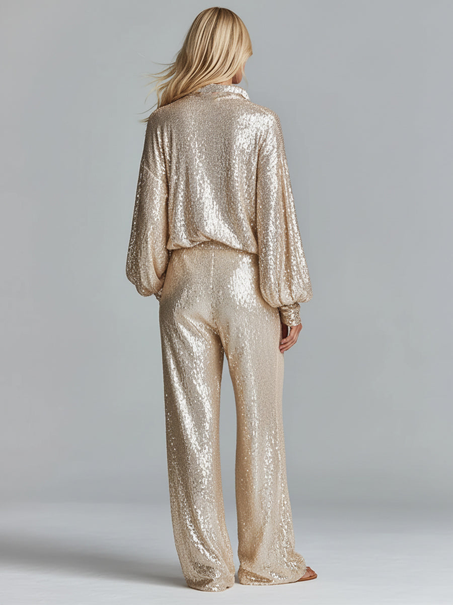 Gold Sequin Collared Half-Zip Loungewear Set Women UK – Party Outfit, Smart Casual