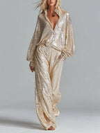 Gold Sequin Collared Half-Zip Loungewear Set Women UK – Party Outfit, Smart Casual