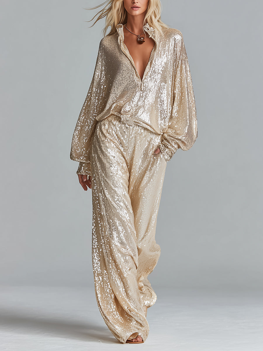 Gold Sequin Collared Half-Zip Loungewear Set Women UK – Party Outfit, Smart Casual
