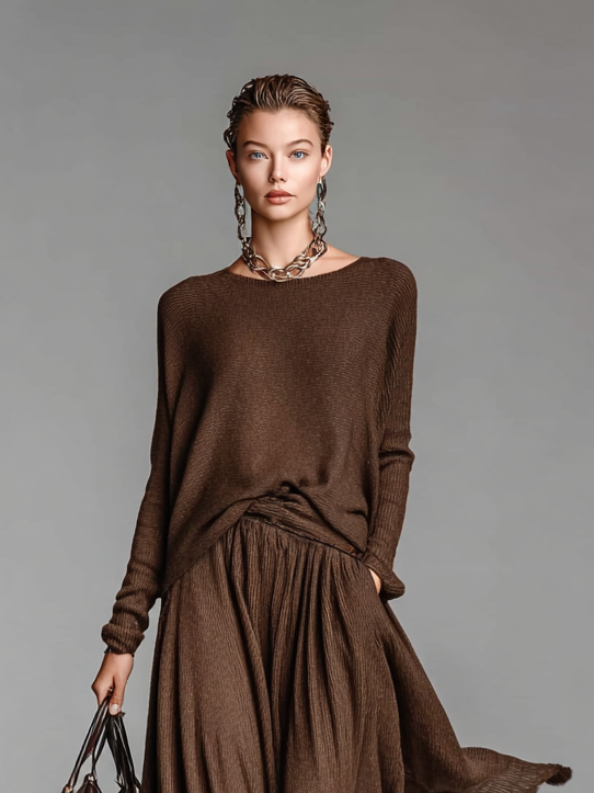 Grey Knitted Jumper and Skirt Co-Ord Set Women UK – Smart Casual Holiday Outfit, Brunch