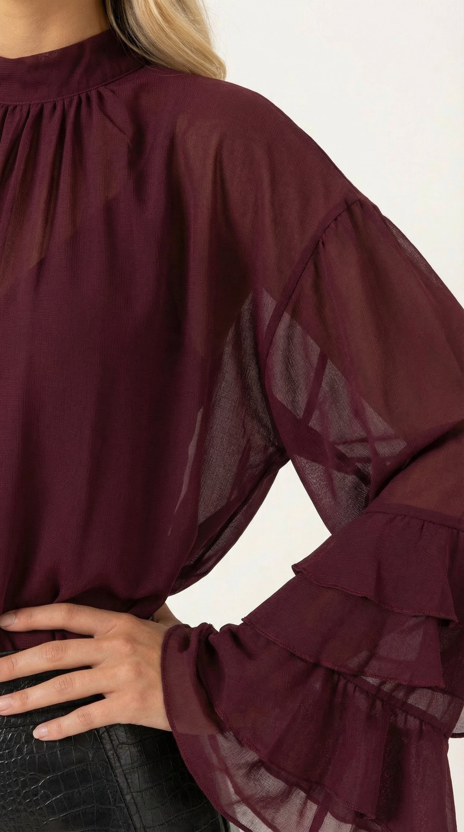 High Mock Neck Sheer Top - Lightweight Fabric - Elegant Casual Wear - Perfect for Layering or Dressy Occasions