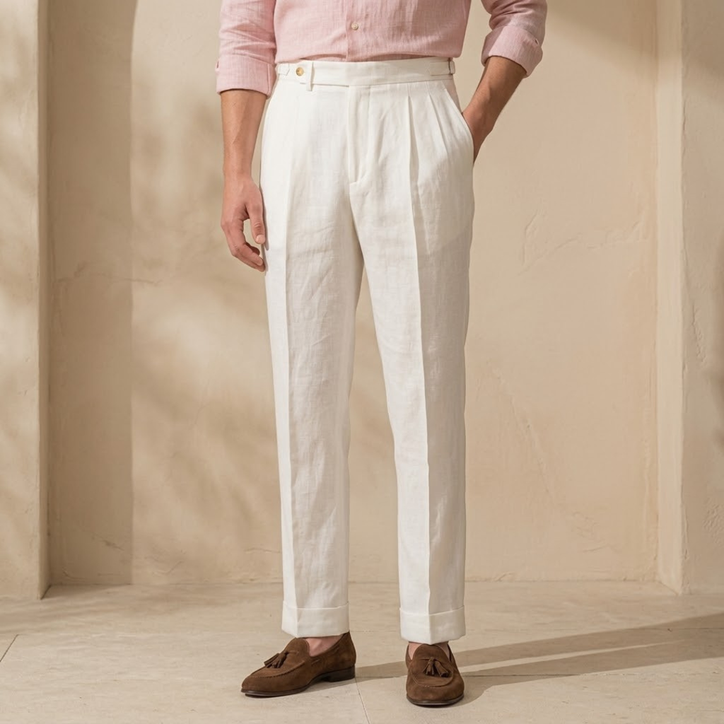High Waist Linen Pleated Trousers for Men - Tailored Fit for Casual or Formal Wear