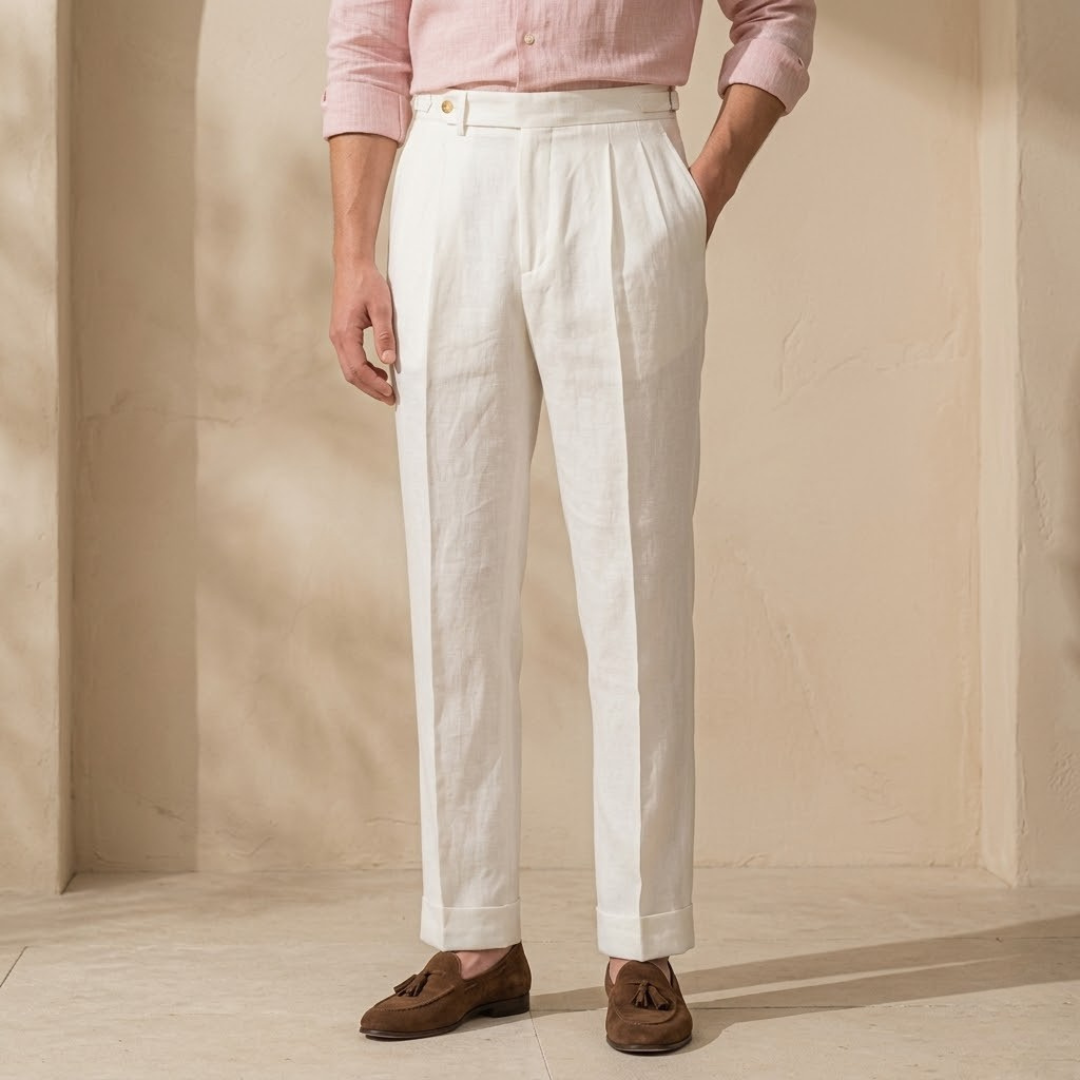 High Waist Linen Pleated Trousers for Men - Tailored Fit for Casual or Formal Wear
