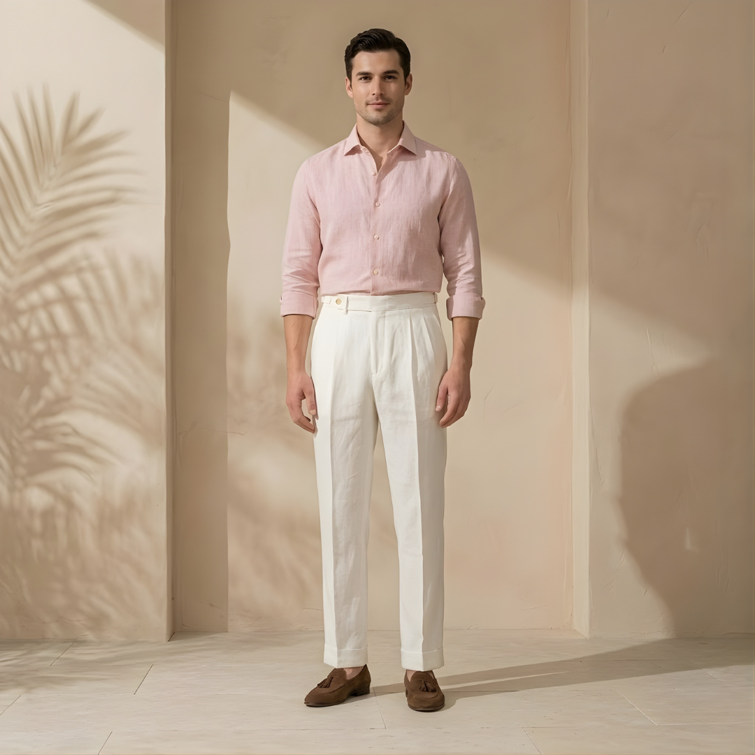 High Waist Linen Pleated Trousers for Men - Tailored Fit for Casual or Formal Wear