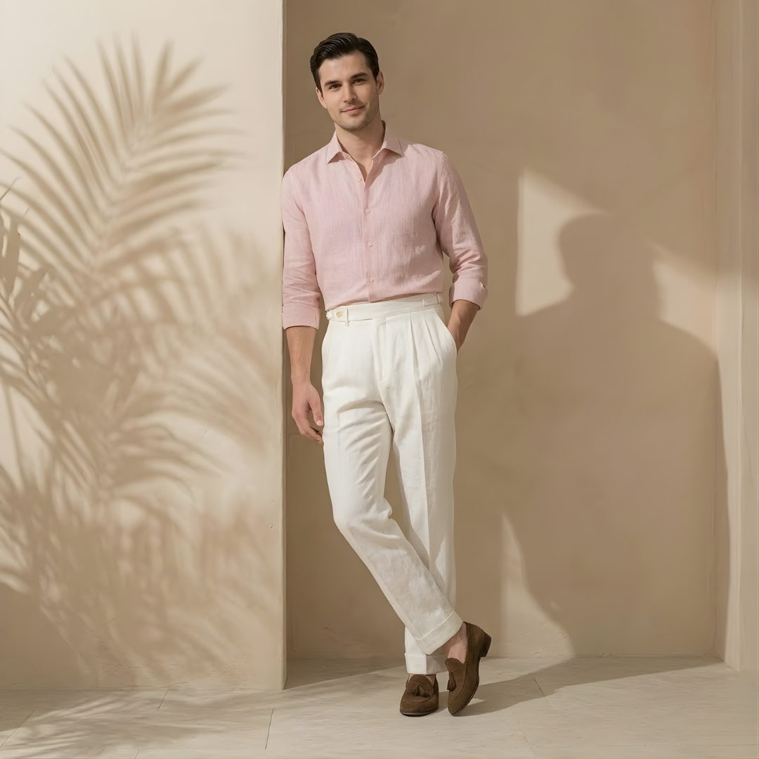 High Waist Linen Pleated Trousers for Men - Tailored Fit for Casual or Formal Wear