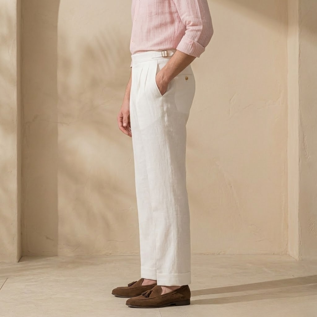 High Waist Linen Pleated Trousers for Men - Tailored Fit for Casual or Formal Wear