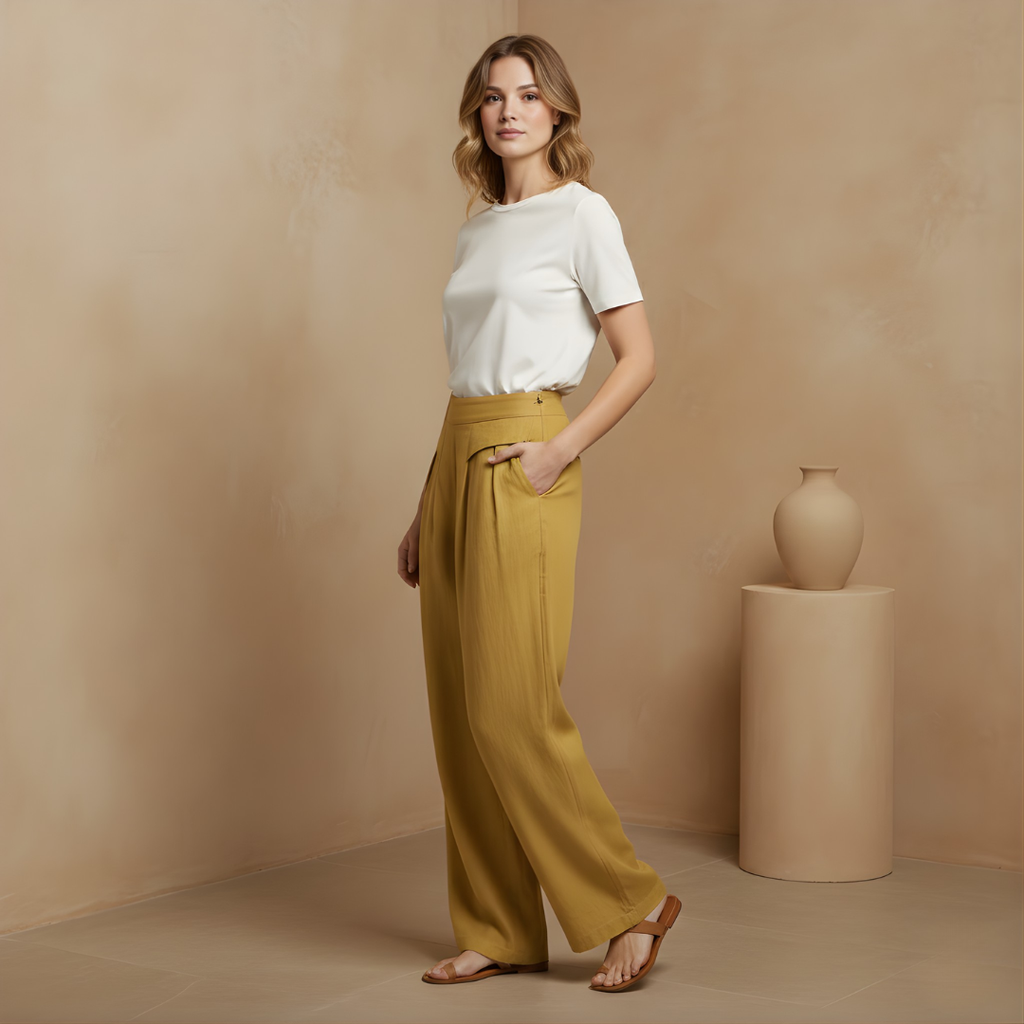 High Waist Wide Leg Trousers - Cotton Linen with Pockets for Everyday Wear