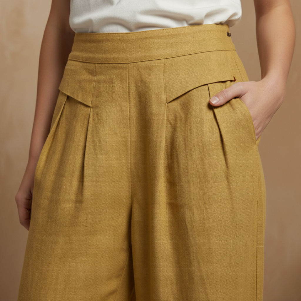 High Waist Wide Leg Trousers - Cotton Linen with Pockets for Everyday Wear