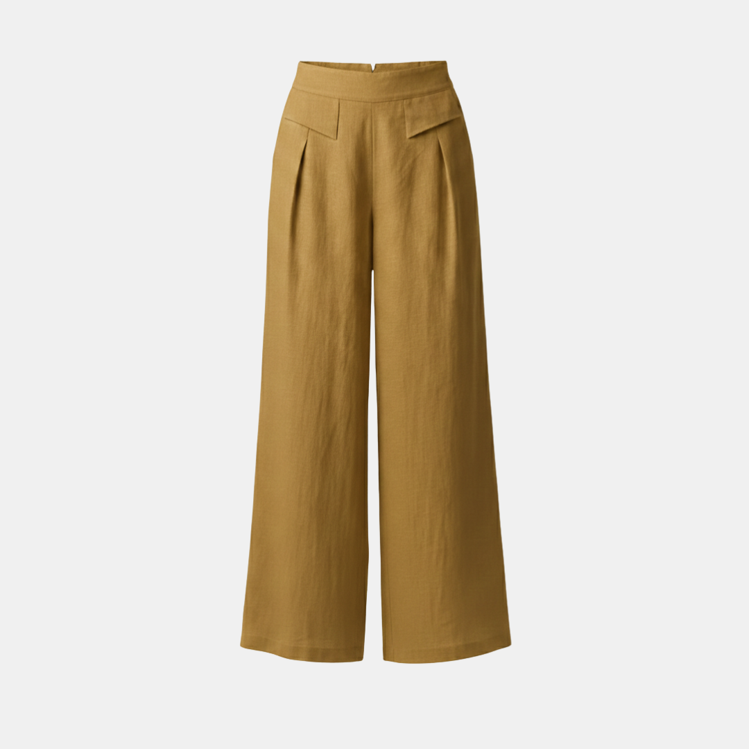 High Waist Wide Leg Trousers - Cotton Linen with Pockets for Everyday Wear