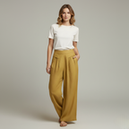 High Waist Wide Leg Trousers - Cotton Linen with Pockets for Everyday Wear
