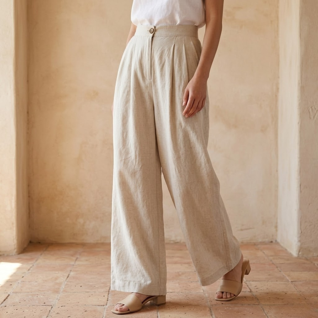 High-Waisted Linen Wide Leg Trousers for Women - Casual Summer Pants