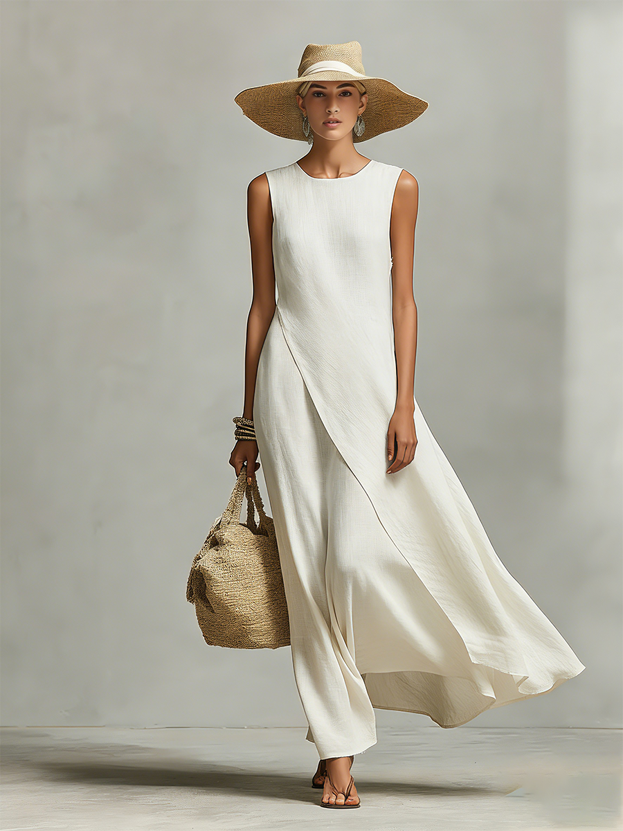 Ivory Breathable Linen Dress Women UK – Sleeveless Asymmetric Hem Dress, Garden Party & Resort Holiday